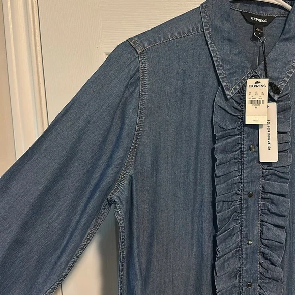 Long Sleeve Denim Ruffle Express Shirt Top - Picture 3 of 4